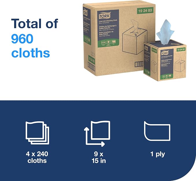 Tork Low-Lint Cleaning Cloth Blue, Centerfeed Box, 4 x 240 Cloths, 192483