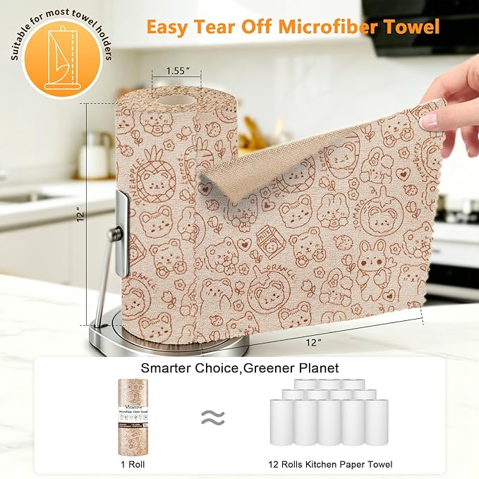 Microfiber Cleaning Cloth Roll, 50-Count, Reusable Durable Washable Absorbent Towels, Lint-Free Non-Scratch Dish Rags for Kitchen & Housekeeping, Car & Screen, Brown Cute Bear Print, 12x12 in