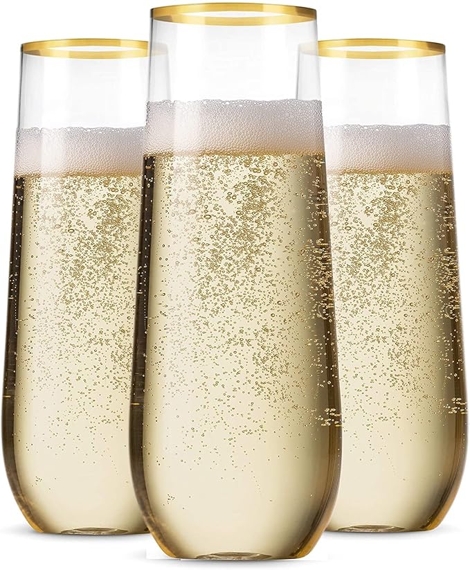 Munfix 36 Pack Stemless Plastic Champagne Flutes, Disposable 9 Oz Gold Rim Clear Plastic Toasting Glasses Shatterproof Recyclable and BPA-Free