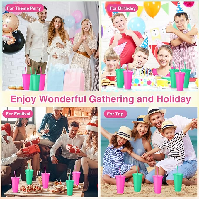 Honeydak 30 Pack Tumbler with Straw and Lid Bulk Cups for Gifts Water Bottle Iced Coffee Travel Mug Cup Reusable Plastic Tumblers for Party Birthdays 24-27 oz (Cyan and Rose Red Color)