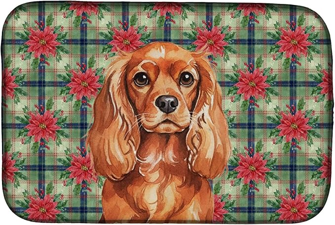 Caroline's Treasures Ruby English Toy Spaniel Christmas PoinsettIas Dish Drying Mat Absorbent Dish Drying Mat Pad for Kitchen Counter Dish Drainer Mat for Countertop, 14 x 21", Multicolor