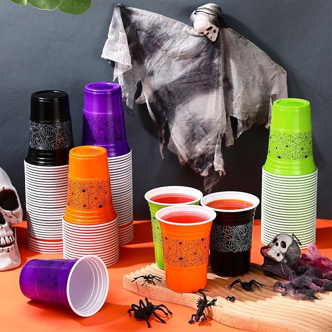 Pickmesh 120 Pcs Halloween Plastic Cups 16 oz Disposable Coffee Cup Spider Web Decoration Hot Cold Drink Wine for Halloween Party Favors Supplies