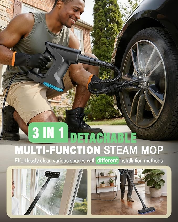 Heavy Duty Steam Mop for Floor Cleaning, 14-in-1 Lightweight Detachable Handheld Steam Cleaner with Multi-Purpose&Powerful, No-Chemical Floor Steamer for Home|Hardwood|Grout|BBQ|Window (Black)