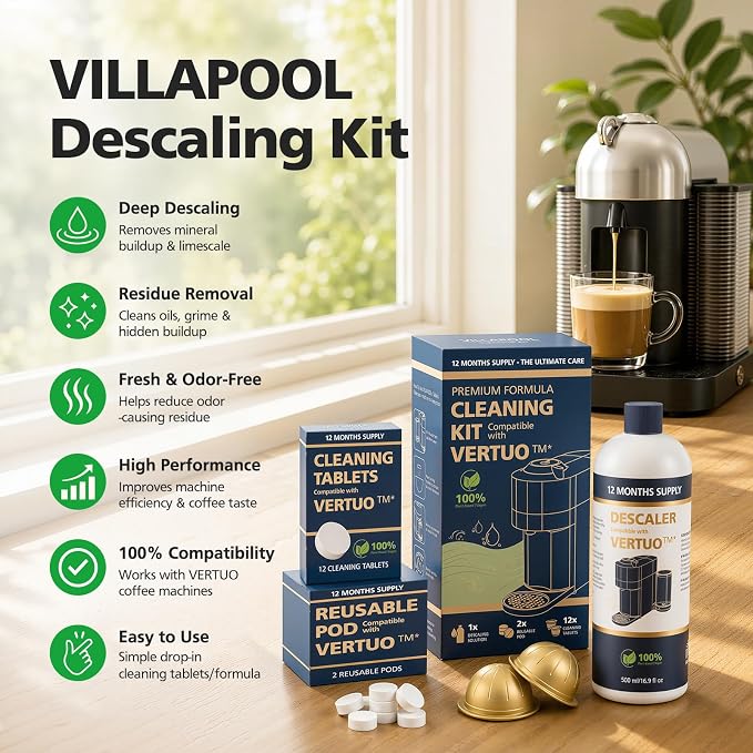 Descaling Kit Compatible with Nespresso Vertuo, 12 Month Supply-Includes 1 Bottle of Descaling Solution, 12 Cleaning Tablets & 2 Reusable Pods, Cleans Pod Area & Limescale, for Vertuoline