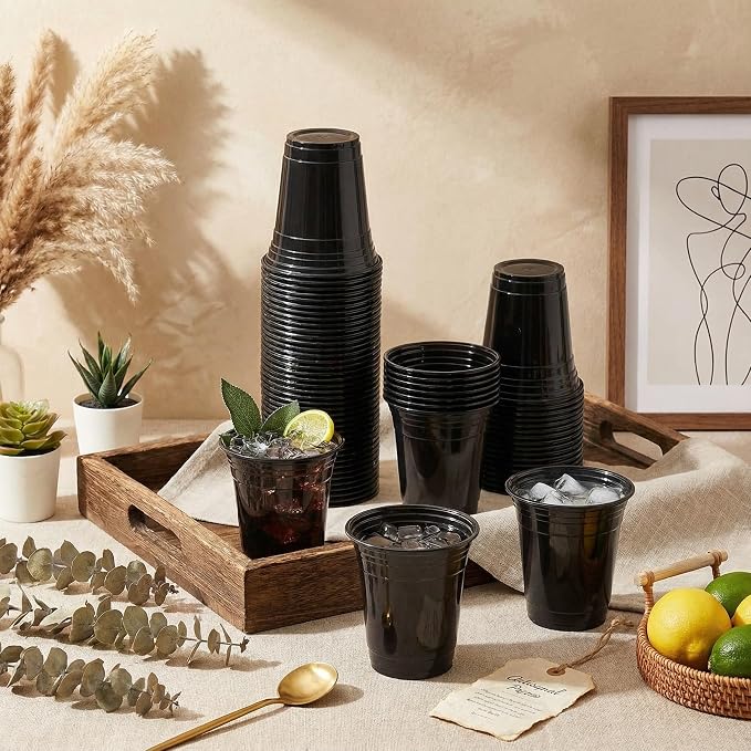 LemonRoad 100 Pack 12oz Black Clear Plastic Cups, Party Disposable Drinking Cups Bulk for Parties Picnics Cold Beverages, Smoothies, Events Celebrations Meeting Wedding Holiday Party