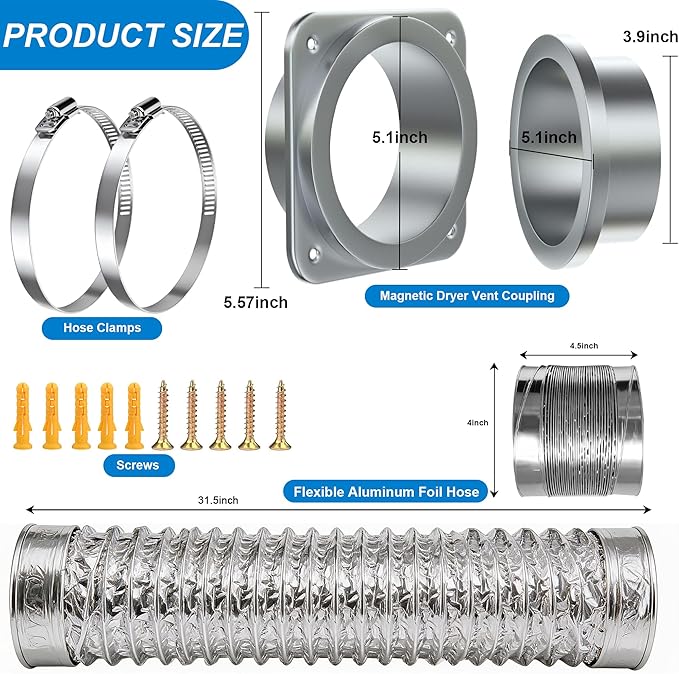 Magnetic Dryer Vent Connector Kit - Strong Magnet Airtight Seal Dryer Vent Hose for Tight Space, Quick Connect Disconnect, Easy to Clean 4-inch Sealed Hose with Clamps & Screws