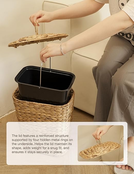 Tidita 3 GALLONS Wicker Waste Basket - Wicker Trash Can with Lid - Water Hyacinth Bathroom Garbage Can with a Lid - Bathroom Trash Can Boho Style - Removable Liner, Iron Frame (Natural, 3 Gallons)