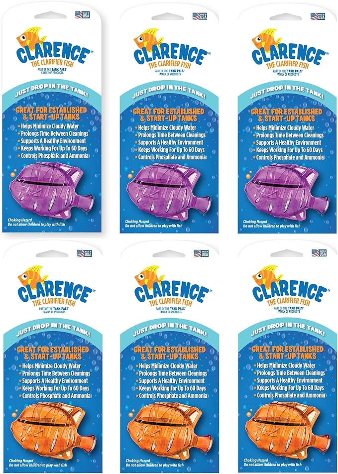 Clarence the Clarifier Fish - 6 pk, Purple-Orange - Aquarium Treatment, Clear Cloudy Fresh-Saltwater, Fish Safe, 10gal Tank Maintenance Ea