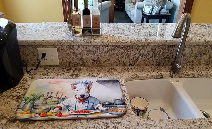 Caroline's Treasures DAC6223DDM Bull Terrier The Chef Dish Drying Mat Absorbent Dish Drying Mat Pad for Kitchen Counter Dish Drainer Mat for Countertop, 14 x 21", Multicolor