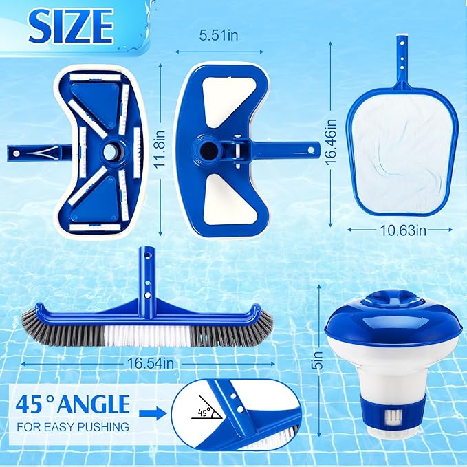 Potchen 4 Pcs Pool Cleaning Kit for Above Ground, Includes Vacuum Head, Brush Head, Mesh Skimmer Net and Pool Chlorine Floater, Perfect for Spa Hot Tub Walls Floors Maintenance(Round Corner)