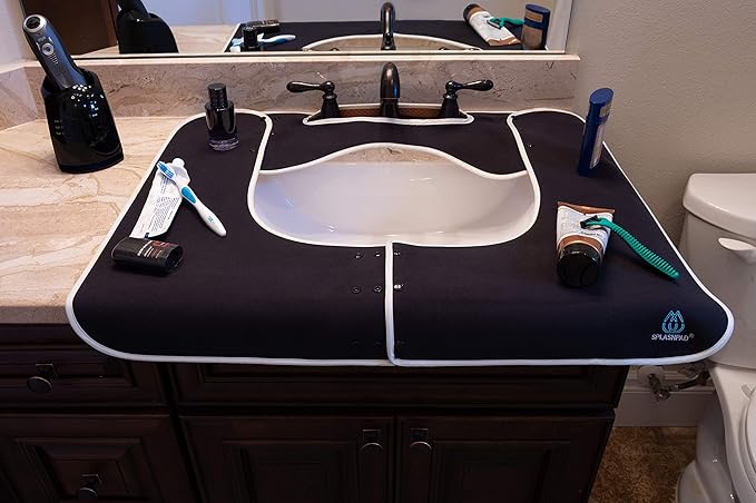Sink Splash Guard - Home Essentials Faucet Mat for Clean and Dry Bathroom Counter - Absorbent Fast Drying Non Slip Protector - Soft Microfiber with Waterproof Rubber Grip - Washable - Black