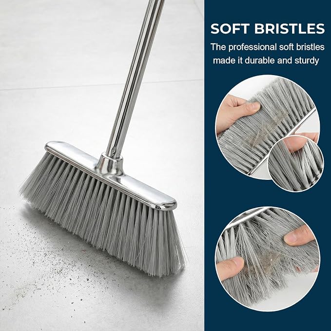 Indoor Soft Bristles Broom and Dustpan Angle Sweeping Dustpan and Broom with Long Handle for Kitchen Hardwood Floor Cleaning