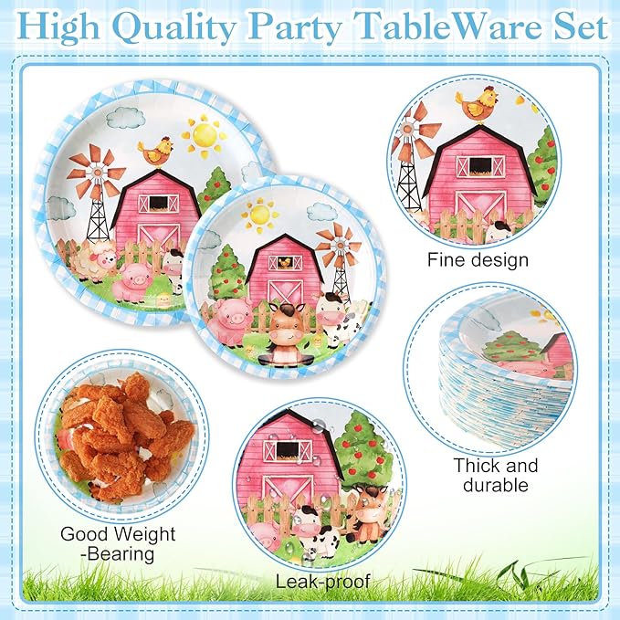 Pickmesh 250 Pcs Farm Animals Party Supplies Decorations Serve 50 Blue Farm Birthday Barn Animal Theme Disposable Paper Plates Napkins and Cups Dinnerware Cute Animal Baby Shower Party Decorations