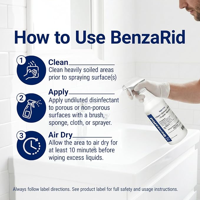 BenzaRid Hospital Disinfectant Sanitizer & Virucide | Kills 99.99% of COVID-19, Avian Flu H1N1,H1N2, H5N1, SARS, Bloodborne Pathogens, Staph, Bacteria & Mold | EPA Reg. | Child & Pet Safe 1 Gal