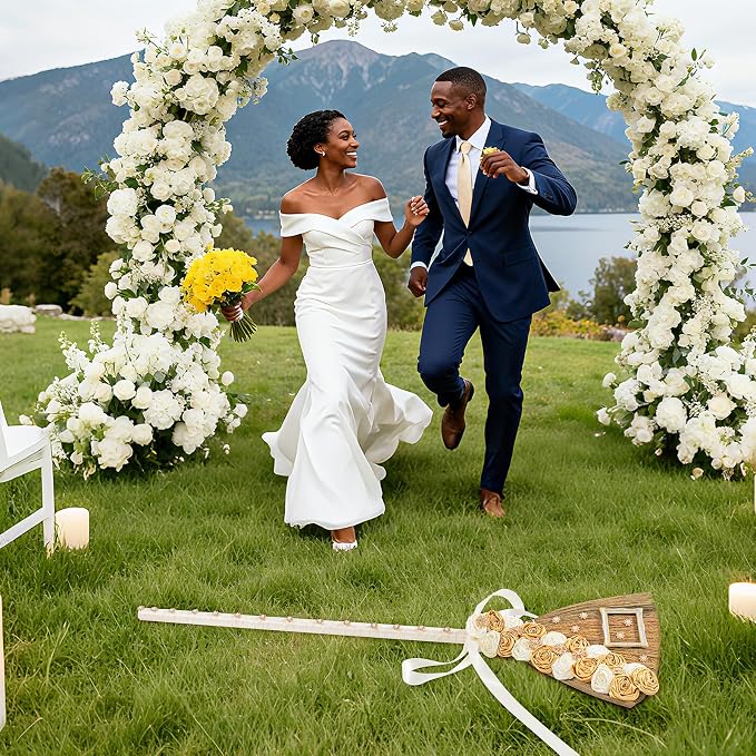 Jumping the Broom - 40 Inch Handmade Wedding Broom with Natural Broom Corn, Velvet Roses & Crystals, DIY Kit for African American Wedding Ceremony (White & Gold, Gift Box Included)