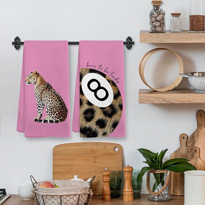 Trendy Leopard Cheetah Print Lucky 8 Ball Bathroom Decor, Preppy Girly Pink Leopard Decor Dish Hand Tea Towels for Bathroom Kitchen Sets of 2, Cheetah Kitchen Towels and Dishcloths,16x24 Inch