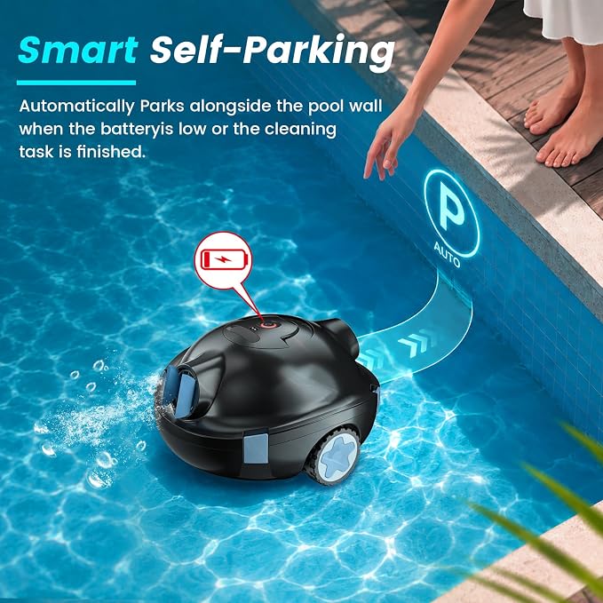 Y10 Robotic Pool Cleaner,Cordless Pool Vacuum with 150 Mins Runtime,High Efficiency Dual Suction Power,Self-Parking&Smart Navigation for Above-Ground & Flat Inground Pools up to 1300 sq.ft (Black)