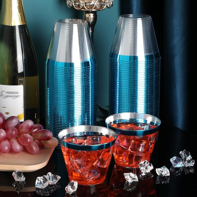 Lounsweer 100 Pcs 9oz Rimmed Plastic Cups Wedding Clear Cocktail Cups Heavy Duty Disposable Wine Glasses for Birthday Bridal Shower Baby Shower Holiday Celebrations(Light Blue)