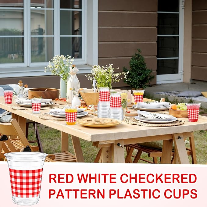 Qinyoung Checkered Plastic Cups 12oz Gingham Party Disposable Cups Bulk Drinking Cup for Cold Drinks Baby Shower Wedding Summer Birthday Party Supplies(Red and White,50 Pcs)