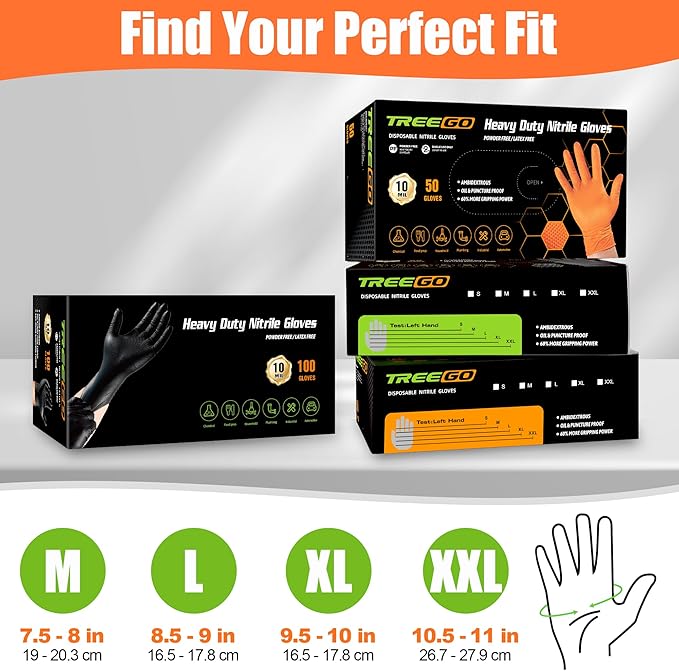 TREEGO Black Heavy Duty Rubber Gloves 10 Mil Nitrile Gloves - Raised Diamond Texture Grip for Automotive & Mechanic - Latex Free Disposable Gloves Medium, 100 Count