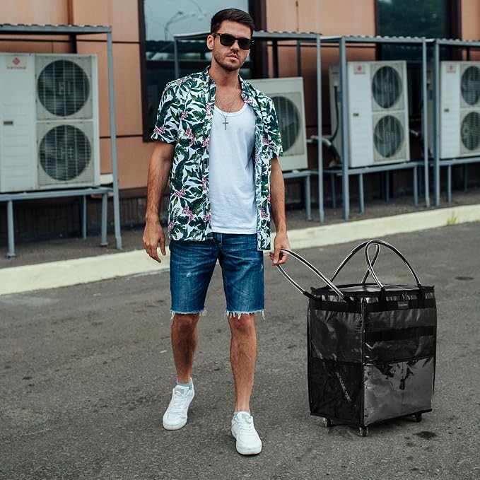 Reusable Grocery Bag On Wheels Large Capacity Shopping Trolley Foldable Rolling Tote with Outside Pocket, Heavy Duty Handle (Black, Medium)