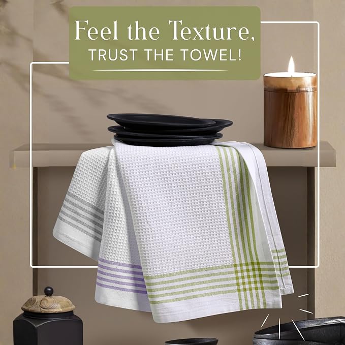 Waffle White & Multi Colors Kitchen Towels 12 Pack, 100% Cotton, 16x26 inches, Durable Dish Towel, Quick Dry Dishcloths, Ideal for Drying, Wiping - Light Grey, Lavender, Lemon Green