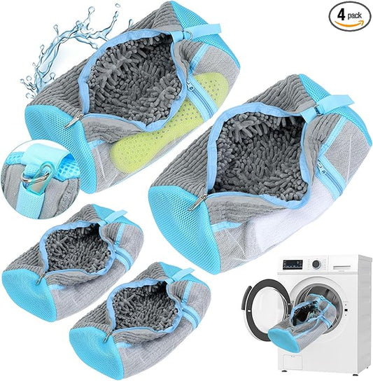 Shoe Washing Machine Bag, 4 Pack Shoe Cleaning Bag for Washer and Dryer, 360° Deep Cleaning Reusable Shoes Laundry Bags for Sneakers with Zipper Protection and Side Mesh Pouch, Gray