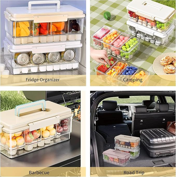 2Pack Chilled Condiment Caddy with 4 Containers 4 Lids Fruit Serving Tray Platter with Handle Portable Snackle Box Organizer Server with Ice Pack for Mimosa Bar Supplies,Salad,Taco,Party Garnish,White