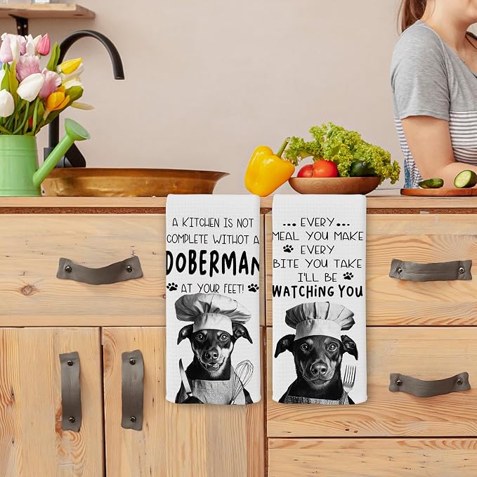 Funny Chef Doberman Dog Kitchen Towels 16x24 Inch Set of 2 | Doberman Lovers Gifts for Women Men Dish Tea Towels for Kitchen, Dog Lover Mom Dad Owner Gifts Decorative Hand Towel