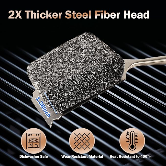 GrillChef Bristle Free Grill Brush, BBQ Steam Cleaning Brush with 2 Replacement Heads, Extra Long Wood Handle, Safe Grill Cleaner for Outdoor Grills, Gift Box Design for Dad Men