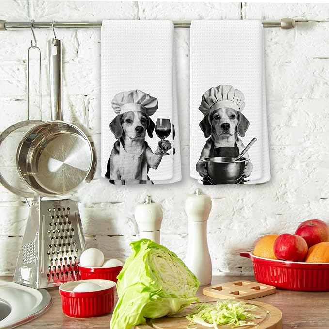 Funny Chef Beagle Kitchen Towels Set of 2, Beagle Dog Gifts for Women Dish Tea Towels for Kitchen, Dog Mom Lovers Owner Gifts Decorative Hand Towel, 16x24 Inch