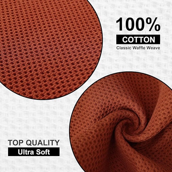 Kitinjoy 100% Cotton Kitchen Dish Cloths (12 X 12 Inches, Rust), 8 Pack Waffle Weave Ultra Soft Absorbent Dish Towels for Drying Dishes Quick Drying Kitchen Towels Dish Rags