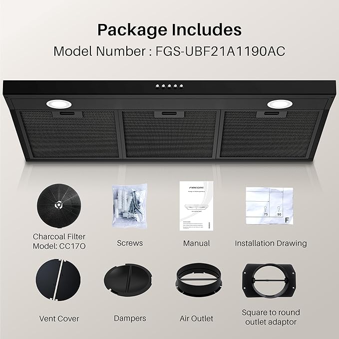 FIREGAS Black Under Cabinet Range Hood 36 Inch, Ducted/Ductless Convertible Kitchen Hood with 3 Speed Exhaust Fan, 300 CFM, LED Lights, Brushlesss DC Motor Vent Hood for Kitchen