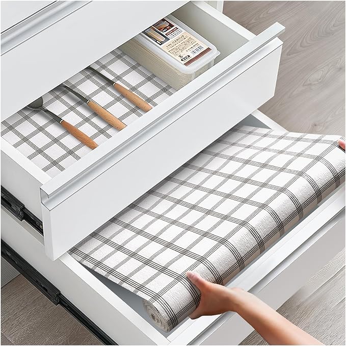 Drawer and Shelf Liner, Non-Slip Kitchen Cabinet Liners Non-Adhesive Thick Strong Grip Waterproof Washable Mats Protect Dresser Shelves Cupboard Bathroom Cabinets, White Stripes, 20 in X 10 FT