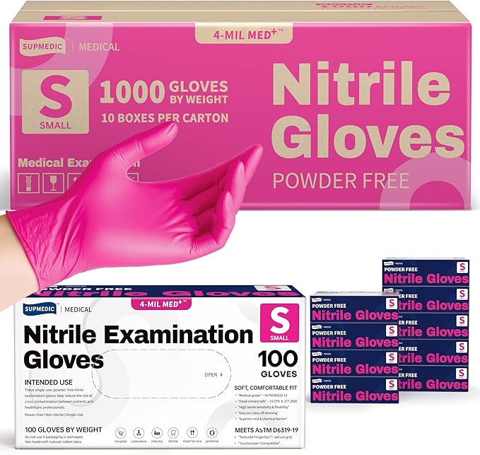 Supmedic Nitrile Exam Gloves, 4 Mil 1000 Ct, Powder-Free Latex-Free Cooking Food-Safe Disposable Medical Gloves, Rose Orchid
