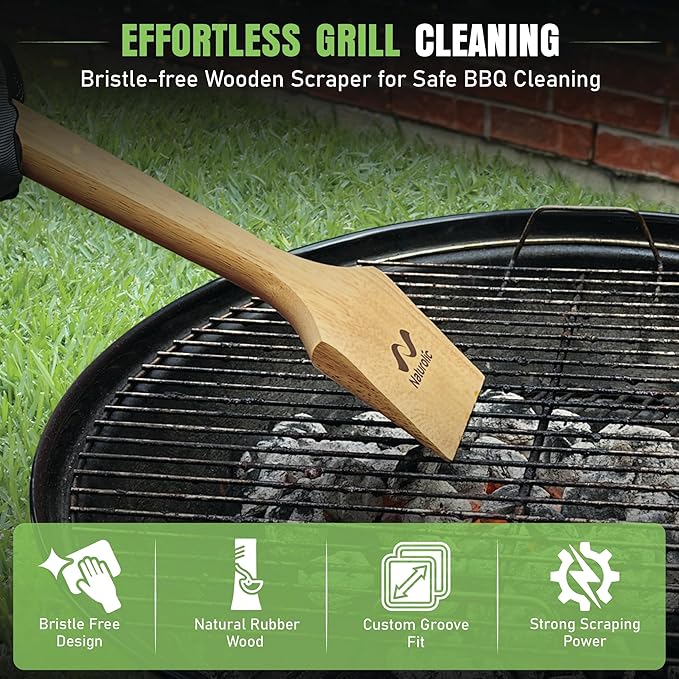 All-Natural Wooden Grill Scraper Tool 18" | Bristle-Free Grill Cleaner for Outdoor Grill | Eco-Friendly BBQ Cleaning Tool for Safe Grate Care