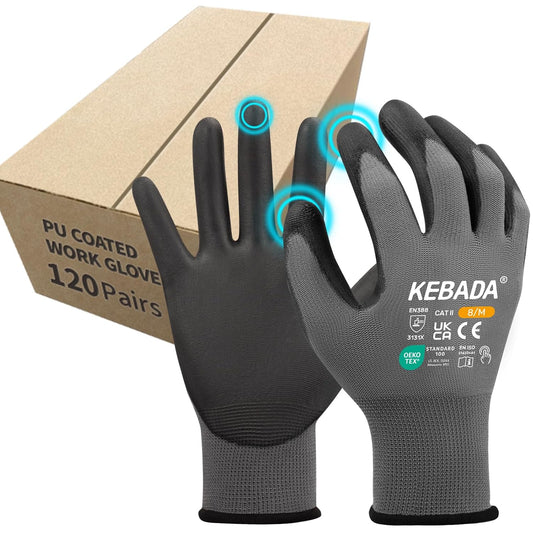 Kebada Safety Work Gloves,120 Pairs Bulk Pack, Touchscreen, PU Coated, Ideal for Warehouse, Construction, Gardening and Mechanics, Grey, Medium