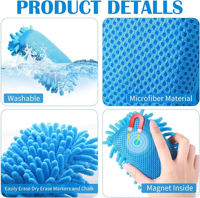 Sherr 30 Pcs Microfiber Shag Dry Erasers Bulk Magnetic Whiteboard Eraser Washable Colorful Chalk Board Eraser Markers Chalk for Adults Home Office Supplies(Blue)