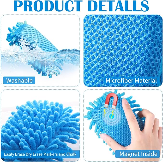Sherr 18 Pcs Microfiber Shag Magnetic Dry Erase Erasers Washable Whiteboard Eraser Bulk Colorful White Board Eraser for Chalk Markers Home Office(Blue)