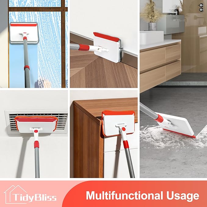 Baseboard Cleaner Tool with Handle, 55.9” Long Wall and Base Board Cleaning Mop, 4 Reusable Pads, 1 Stiff Bristle Scrubber Brush for Floorboard Ceiling Cabinet Window Bathroom Kitchen (Red)
