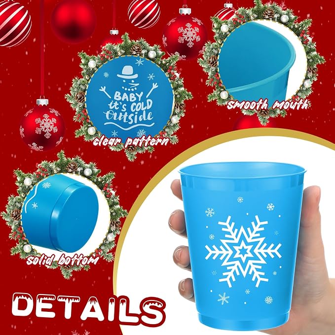 Ziliny 60 Pcs Winter Plastic Cups Reusable Winter Snowflake Coffee Cups Tumblers Snow Holiday for Hot Cold Drinks Chocolate Beer Party New Year Holiday Supplies(16 oz)