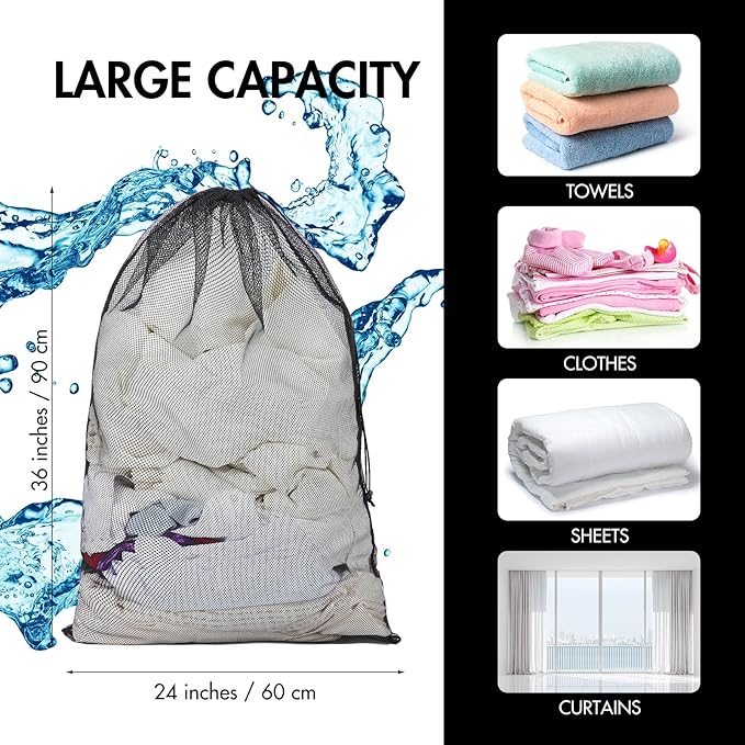 Berlune Large Mesh Laundry Bags, 24 x 36 Inch Bulk Wash Set with Drawstring for Commercial Use, Dorms, Vacation Rentals, Laundromats, Apartments & Facilities(Black,1)