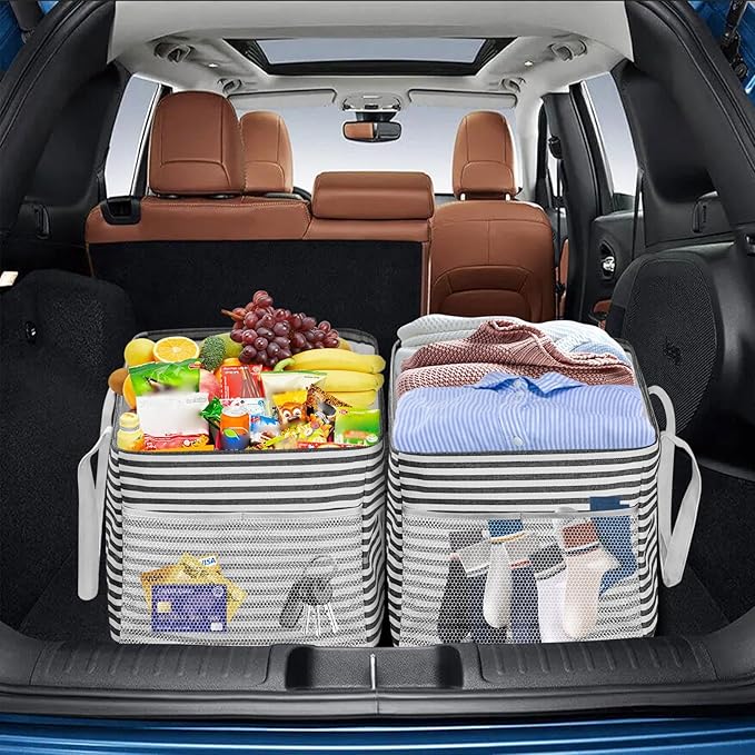 LHZK 2 Pack Extra Large Utility Tote Bag with Metal Wire Frame and the Sides Rinforced, Extra Large Tote Bag with Handle, Reusable Grocery Bags Foldable, Beach Bag, Car Tote, Grey, 26''x15''x13''