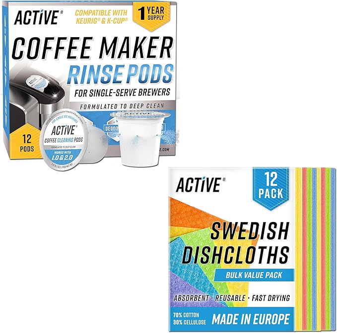 ACTIVE Keurig Compatible Cleaning Pods and Swedish Sponge Cloths - Includes 12ct K-Cup Compatible Cleaner Pods and 12pk Swedish Dishcloths
