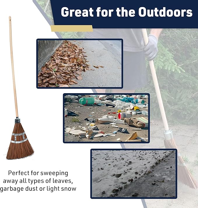 Outdoor Broom Heavy Duty 57” Broomstick with 12” Wide Brush - All Natural Water and Fire-Resistant Piassava Bristles and Wood Handle Brooms for Sweeping Indoor Garage and Garden by Kings County Tools