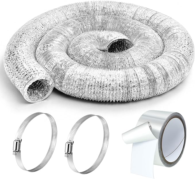 Zonon Dryer Vent Hose 4 Inch X 25 Feet Flexible Aluminum Foil Ducting Non Insulated with Stainless Steel Clamps and Aluminum Tape for Pipe, HVAC Heating Cooling Ventilation and Exhaust(Silver)