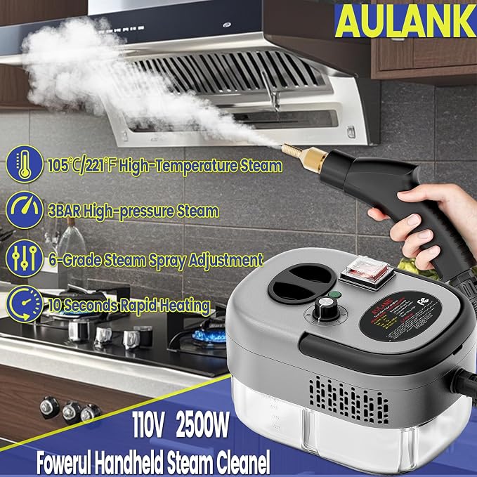 Steam Cleaner, Portable Pressurized Steamer for Cleaning with 14pcs Accessories, 6-Level Adjustable and 15s Heat-Up, Handheld Steam Cleaner for Home, Tile, Dirt, Grout, Grease, Car Detailing (Gray)