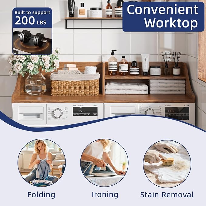 Memobarco 2 Tiers Washer Dryer Countertop, 54" Width x 27.5" Depth Laundry Countertop Organization, Wooden Washer and Dryer Topper for Folding, Sorting & Ironing, Easy to Install, Walnut
