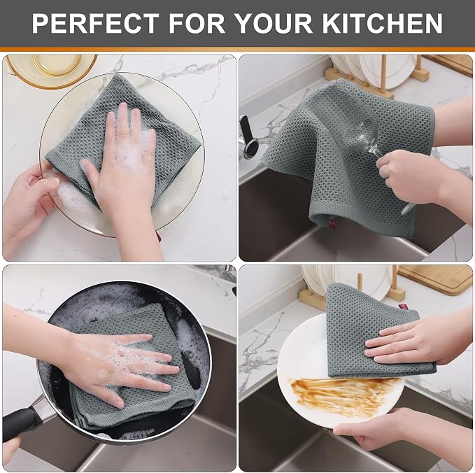 Kitinjoy 100% Cotton Kitchen Dish Cloths (12 X 12 Inches, Grey), 6 Pack Waffle Weave Ultra Soft Absorbent Dish Towels for Drying Dishes Quick Drying Kitchen Towels Dish Rags