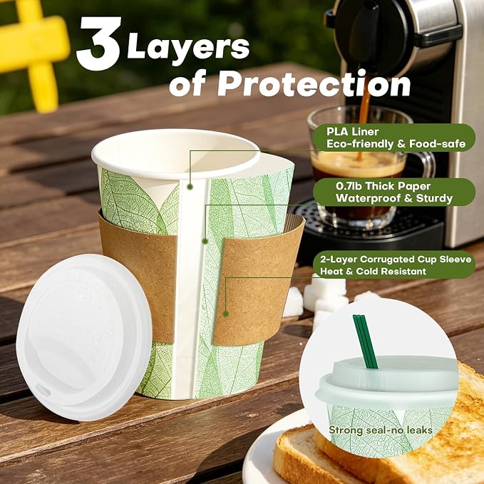 Plant-Based Compostable Cups Set – PLA Lined Disposable Coffee Cups with Lids, Straws & Sleeves, Eco-Friendly for Hot & Cold Drinks, Party, Travel, Office (16 oz 50 Count)